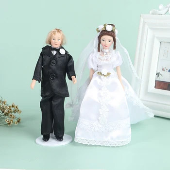 1:12 Miniatiūriniai Lėlių Porceliano Lėlės Modelis, Jaunikis, Nuotaka, Dėvėti Ilgą Balta Vestuvinė Suknelė