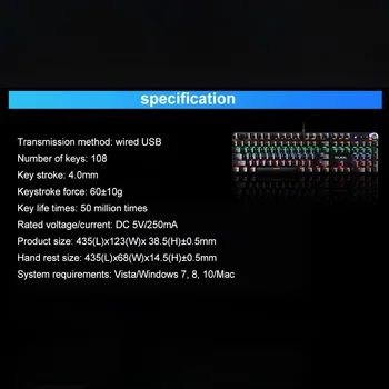 104 Klavišai USB Laidinio Mėlyna Jungiklis Žaidimų Mechaninė KOMPIUTERIO Klaviatūra, Skirta 