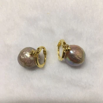 13-16mm DIDŽIULIS baroko pietų jūros perlų auskarai 18K TwoPin violetinė violetinė Įtaigus dangler earbob AAA 117364