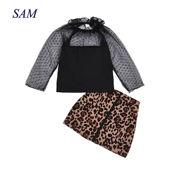 2020 m. pavasarį merginos kostiumas mados vaikų nėrinių ilgomis rankovėmis tuščiaviduriai viršūnes + leopard sijonas 2 vnt. drabužių rinkiniai vaikams ins drabužiai