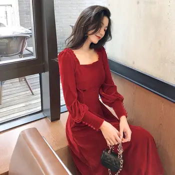 2020 m. rudens ir žiemos naujų ju raudona Fangling vidutinio ilgio ilgomis rankovėmis aksomo suknelė plonas ir sexy 72655