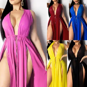 2020 metų Vasaros Moteriški Berankoviai Seksualus V-kaklo Padalinta Long Beach Suknelė, Paplūdimio Šalies Maxi Suknelės Bikini Padengti Iki 107912