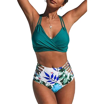 2021 Gėlių Spausdinti Maudymosi Kostiumėlį Moteris Apynasrio Bikini Backless Kostiumas Aukšto Juosmens Paplūdimio Drabužiai 97528