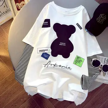 2021 m. Pavasario Vasaros Naują Harajuku Stiliaus Dėžutėje Spausdinti Prarasti Apsidraudimo Juostele Susiuvimo Netikrą Dviejų dalių ilgomis rankovėmis T-shirt Moterims