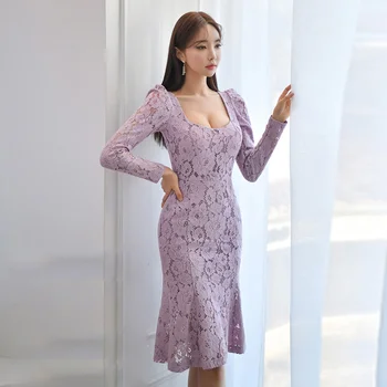 2021 m. Pavasarį naujas Nėrinių Suknelė Elegantiška Violetinė Aikštėje-kaklo, ilgomis Rankovėmis Slim Oficialų Suknelė Šalis Naktinis Klubas 3355