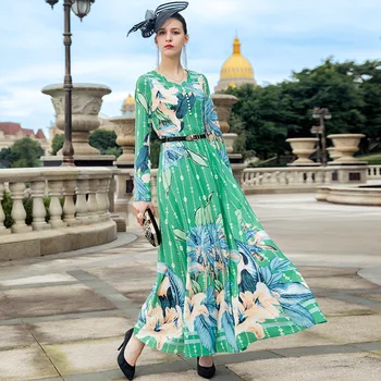 2021 m. Pavasarį, Rudenį Bohemijos Ilga Suknelė ilgomis Rankovėmis Atspausdintas Suknelė Žalia Gėlės Plus Size Vakaro Drabužiai DZ2611 80561