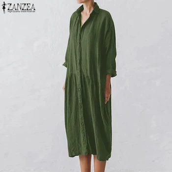 2021 m. Rudenį Kietas Medvilnės Skalbiniai Sundress ZANZEA Elegantiškas Marškinėliai Suknelė Moterims Atsitiktinis Atvartas ilgomis Rankovėmis Vestidos Moterų Apdaras 63073