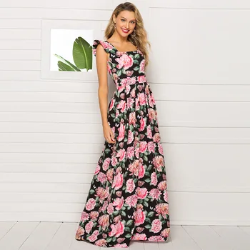 2021 m. Vasarą Europos ir Amerikos Gėlių Spausdinti Moterų Bohmian Rankovių Aikštėje-kaklo Suknelė Suknelė Tinka ir Blyksnius 64296