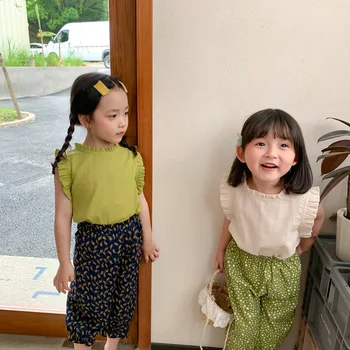 2021 M. Vasarą Naujų Korėjos Stiliaus Kūdikių Mergaitės, Medvilnės, Lino Palaidinės Be Rankovių Ruched Viršūnes Pure Color Kids Marškinėliai 69069
