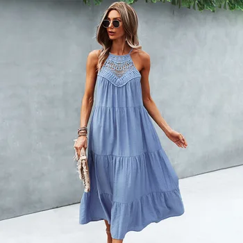 2021 m. vasarą naujų produktų tendencijos mados atsitiktinis moterų gryna spalva apynasrio suknelė susiuvimo didelis sūpynės vidutinio ilgio sijonas 81557