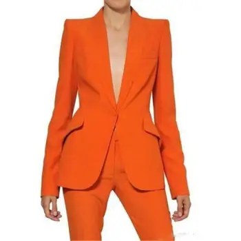 2021 Naujausias Užsakymą Orange Moterų Ziajać Kostiumai Ilgomis Rankovėmis Ponios Verslo Biuro Nuožulnumą Kišenės Tuxedos Oficialaus Darbo Drabužiai Kostiumai 24342