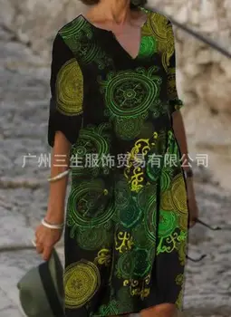 2021 naujų spalvų spausdinta kratinys V-kaklo prarasti bambuko retro literatūros apvalios kaklo penkių taškų rankovėmis plius dydis suknelė 42047