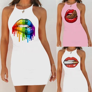 2021 Seksuali Mini Suknelė Moterims Bodycon Klubo Šalis Suknelės Naujas Vasaros Mados Raudonų Lūpų Spausdinti Rankovių Suknelės Femme Atsitiktinis 97898
