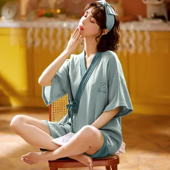 2021 Vasaros Candy Spalva-Japonų Kimono stiliaus Medvilnės Marlės, Moterų Pižamą Dviejų dalių Namus Paslaugų Yukata Nėriniai-up Pajama Rinkinys 180526
