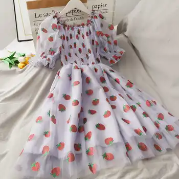 2021 Vasaros Fairy China Braškių Spausdinti Aukšto Liemens Sijonas Moterų Plisuotos Šalies Nėrinių Suknelė Elegantiškas Mados Suknelės Gotikos Boho