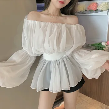 2021 Vasaros Korėjos Elegantiškas Palaidinės Femme Velniop Kaklo Žibintų Long Sleeve Ruched Marškinėliai Moterims Mados Atsitiktinis Saldus Blusas Viršūnės 7012