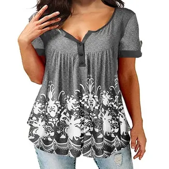 2021 Vasaros moteriški marškinėliai Atsitiktinis Mygtukai Trumpas Rankovėmis Tee Viršūnes Prarasti Medvilnės V-Kaklo Spausdinti Gėlių Blusas Negabaritinių Drabužiai