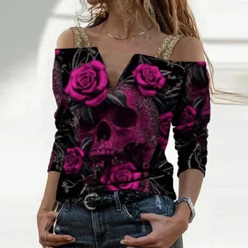 2021 Vintage Rose Kaukolė Spausdinti Moterų Marškinėliai Seksualus V-Kaklo, Ilgomis Rankovėmis Viršūnes Drabužių Mados Elegantiškas Off Peties Slim Tee Marškinėliai 68526