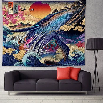 3 Dydžių 3D Vandenyno Bangos Saulėlydžio Gobelenas Japonijos Gobelenas už Kambarį, Jūros Banginių Namų Dekoro Sienos Kabo 4404