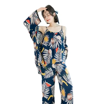 3 Gabalas Pižama Rinkinys Sexy Nėrinių Medvilnės Moterų Spausdinimo Sleepwear Pižamos Naujos Persirengimo Nėrinių Suknelė Pavasario Vasaros Apdaras Namų Clothies 122716