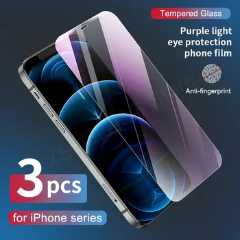 3Pcs Kovos su Blue Ray Šviesos 9H Grūdintas Stiklas iPhone 11 12 Pro Max 6 S 7 8 Plus X XR X S Max Screen Protector Akis Priežiūros Stiklo