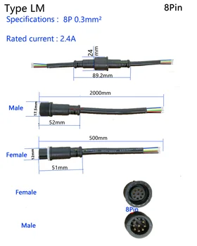 5 poros Vandeniui jungtis Dabartinės 2.4 8pin su viela IP67 moterų male plug 0.3mm2