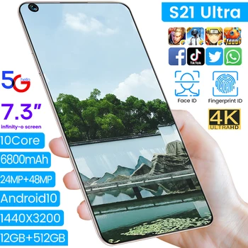 5G Pasaulio Versija S21 Ultra 7.3 Colių Android 10.0 12 GB 512 GB 6800mAh Mobiliojo Telefono vandens lašelius HD Ekrano mobilusis telefonas, Išmanusis telefonas