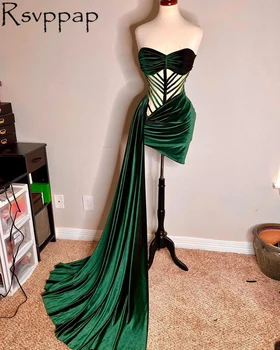 Afrikos Stilius Trumpas Prom Dresses 2021 Sukurta Matyti Per Plisuotos Green Velvet Šalies Kokteilis Promenadzie Suknelė Su Ilgą Traukinį 17207