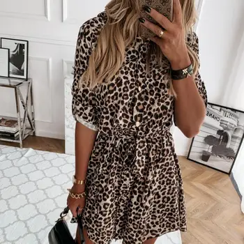 Atsitiktinis Leopardas Spausdinti Ilgomis Rankovėmis Nėrinių Mygtukai Mini Suknelė Moterims 2021 M. Vasaros Pusė Rankovės Šalies Seksualus Slim Marškinėliai, Suknelės 59587