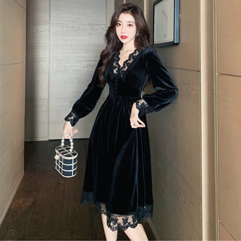 Balck Vintage Suknelė Moterų Aukšto Juosmens Korėjos Drabužių Pavasario 2021 Gotikos Suknelė Moterims Ilgomis Rankovėmis Midi Elegantiškas Šalis Suknelė Aksominė 92097