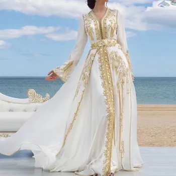 Baltos Spalvos Šifono Maroko Kaftan Vakaro Suknelės Aukso Nėrinių Appliques Mamos Suknelė Arabų Musulmonų Ypatinga Proga Užsakymą 46145
