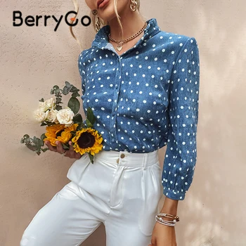 BerryGo Office Lady Golfo Kropkowany Moterų Blue Marškinėliai Rudenį Priežastinis Ponios Liesas Viršuje Moterų Reguliariai Rankovėmis Palaidinė 2021