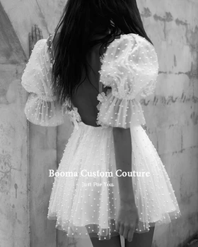 Booma Pasinėrus V-Kaklo, Trumpas Vestuvių Suknelės Pusė Rankovių Perlai Gėlės Mini Nuotakos Suknelės Backless Iliuzija Pilietinės Vestuvių Suknelės 193270