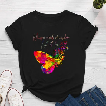 CottonSummer Moterys T-Shirt Spalvinga ButterflyLetter Spausdinti Marškinėliai Atsitiktinis Viršūnes, O Kaklas Trumpas Rankovės Marškinėliai Atsitiktinis BlackTops