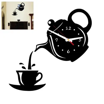 Creative 3D Akrilo Veidrodis Kavos Arbatinukas Sieninis Laikrodis Lipdukas Dekoras Sieniniai Laikrodžiai Kambarys Mados Namų Papuošalas