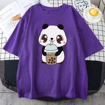 Cute Little Panda Geria Pieno, Arbatos Spausdinti Moterų Marškinėliai Vasarą Laisvi Viršūnes Laisvalaikio Stiliaus o-Kaklo Marškinėliai trumpomis Rankovėmis Moterims Marškinėliai 111422