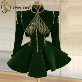 Derliaus Tamsiai Žalios spalvos ilgomis Rankovėmis Prom Dresses 2021 Dubajus arabų Aukštas Kaklas Trumpas Šalis, Chalatai Oficialią Suknelės Moterims