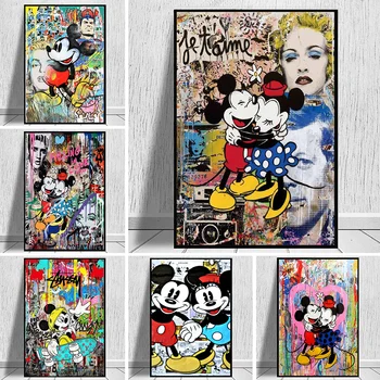 Disney Mickey ir Minnie Grafiti Meno Tapybos Drobės Gatvės Meno Plakatas ir Spausdinimo Sienos Meno Nuotrauką Kambarį Namų Dekoro