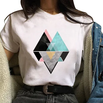 E25 Graži geometrija spausdinti Grafinis T-shirt Viršūnes Tee Mielas trumpomis Rankovėmis Moteriška T shirts