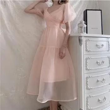 Elegantiškas Dizainerio Suknelė Moterims prancūzijos Rožinė Tvarstis Suknelė Atsitiktinis Sluoksniuotos Rankovėmis Slim Nėriniais, Šifono Suknelė 2021 M. Rudenį moteriški Drabužiai 30335