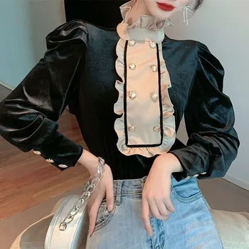 Elegantiškas Moteris, Kietas Marškinėliai, Elegantiškas Ruffles Ilgomis Rankovėmis Palaidinės 2021 M. Pavasario Vasaros Korėjos Office Lady Vintage Black Blusas 132593