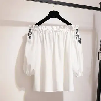 Elegantiškas Retro Moterų Suknelė Dviejų dalių korėjos Versija, Balta Rožė Siuvinėjimo Marškinėlius Juoda Aukštos Juosmens, Plonas Nereguliarus Suknelė