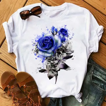 FIXSYS Naujas Blue Rose Moterų Marškinėlius Madinga Gėlių Spausdinti Tee Mados Marškinėliai Femme Plius Dydis Mielas Viršūnes Streetwear Prarasti Baltos spalvos Marškinėlius 116438
