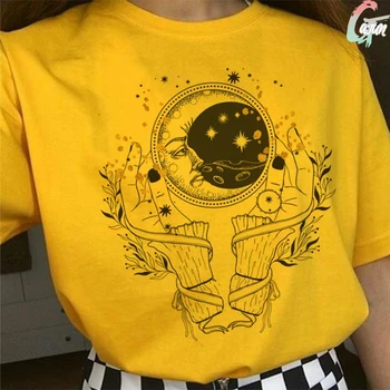 Geometrinių Objektų Saulės Ir Mėnulio Grafika Moteris, Print T-shirts Vasarą, geltona Asmenybės Harajuku Mados Atsitiktinis Palaidų Tshirts Viršų 89803