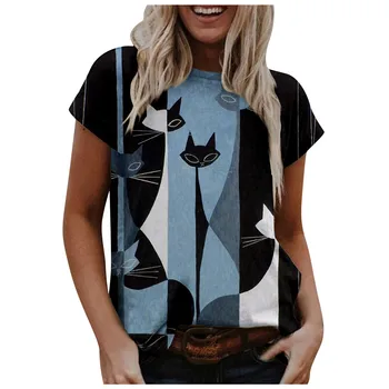 Harajuku Animaciją Kačių Spausdinti Marškinėliai Moterims trumpomis Rankovėmis O Kaklo Laisvus Marškinėlius 2021 M. Vasaros Atsitiktinis Viršūnes Moterų Camisetas Mujer #T2P 80355