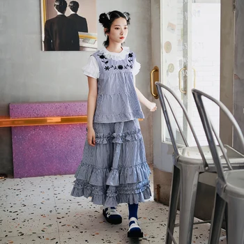 Imakokoni originalaus dizaino dryžuotas polka dot nėrinių pusė sijonas Japonijos laukinių plonas vidutinio ilgio sijonas moterų pavasarį ir vasarą 147686