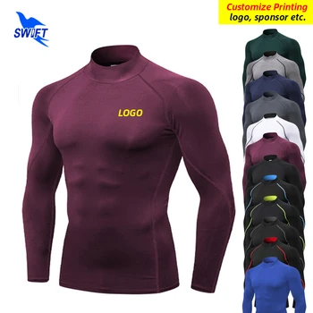Individualų LOGOTIPAS Veikia Marškinėliai Vyrams Salė Rashguard Stovėti Apykaklės Long Sleeve T-Shirt Quick Dry Fitneso Suspaudimo Sportinę Viršų