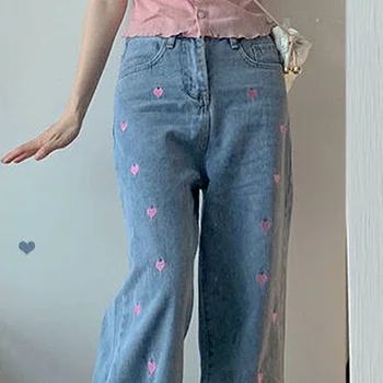 Jeans Women Ulzzang Kawaii Girl Pink-heart Embroidery Sweet Japanese Preppy Teens Straight Full Length Loose Mujer Spring Autumn