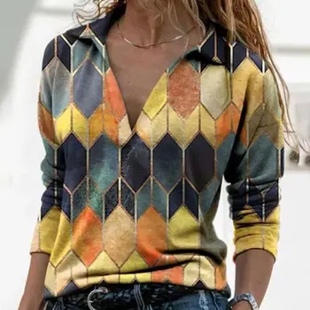 Jocoo Jolee Moterų Sping Long Sleeve V-Kaklo Geometrinis Spausdinimo Derliaus Laisvi Marškinėliai Atsitiktinis Megztinis Elegantiška Palaidinė Negabaritinius
