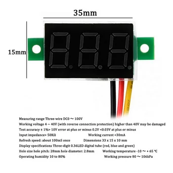 Junejour 1 Vnt Digital Voltmeter LED Ekranas, Mini 2/3 Laidai voltmetras Ammeter Didelis Tikslumas Raudona/Žalia/Mėlyna DC 0V-30 V 0.36